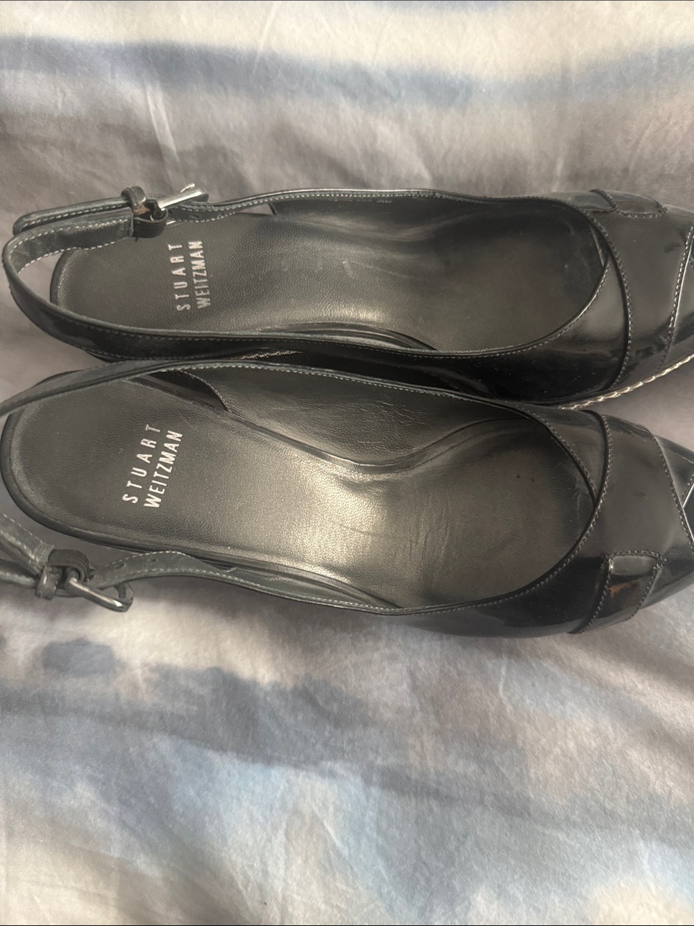 Stuart Weitzman Black Leather Slingback Flats with Peep Toe